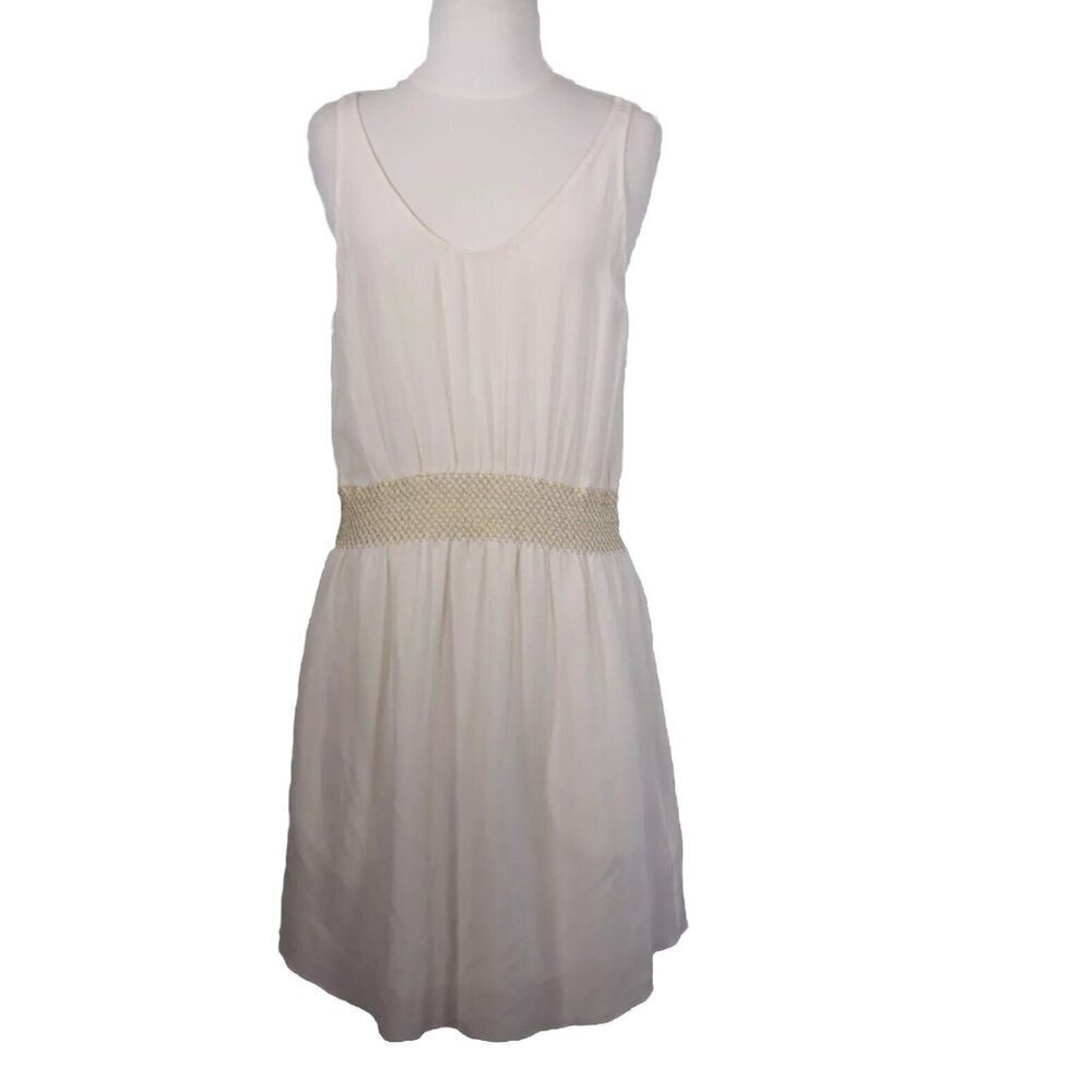 Babaton Women's Large Cream Mini Dress Sleeveless Gold Waist W/Pocket 100% Silk